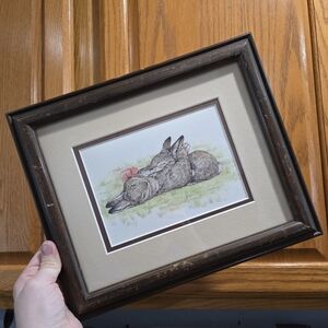 Wood Framed Bunnies with Bow Vintage Art